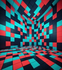 A vibrant 3D room featuring a dynamic pattern of interlocking red and blue squares, creating a visually striking and modern geometric design.
