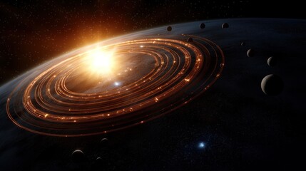 Obraz premium Ringed planet with sun and orbiting moons in space