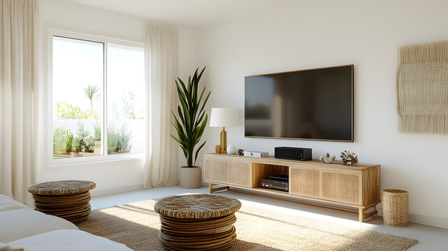 Living room entertainment wall, flat panel smart TV on oak media console, neutral beige accent wall, soft light, potted tall cactus plant beside, woven jute rug under coffee table, side angle view,