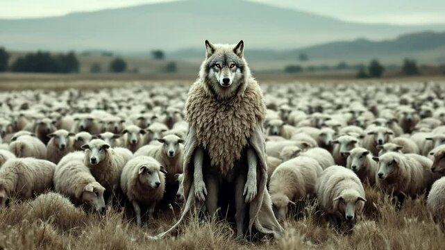A deceptive wolf disguised in sheepskin stands among unsuspecting sheep, symbolizing danger, deceit, and hidden threat

