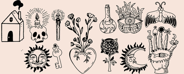 Hand-drawn vintage mystical and magic symbols illustration