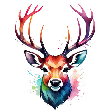 Watercolor deer head with rainbow colors and black background on transparent background