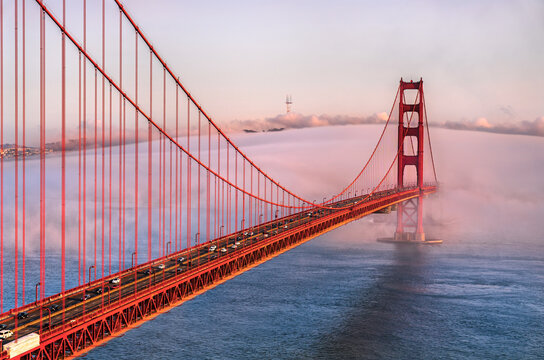 Golden Gate Bridge Shrouded in Mystical Fog Overlooking the Bay in San Francisco, California
