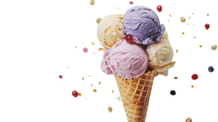 Colorful ice cream cone with berry accents against an isolated transparent backdrop offers delightful summer treat