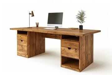 Authentic Wooden Office Table Isolated On White Background.