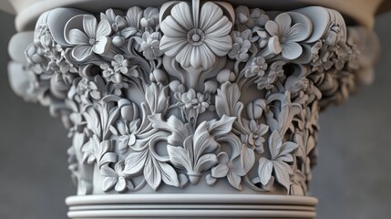 Stone column capital with carved floral ornaments and elegant details. Ideal for architectural renderings, historical projects, or artistic presentations.