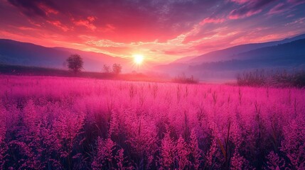Vibrant Sunrise Over Pink Meadow
