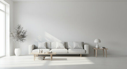 Minimalist Living Room with Sofa and Plant in Bright Sunlight