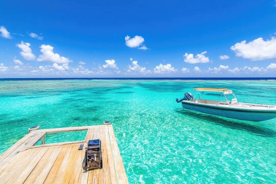 Tropical paradise, turquoise water, wooden dock, boat