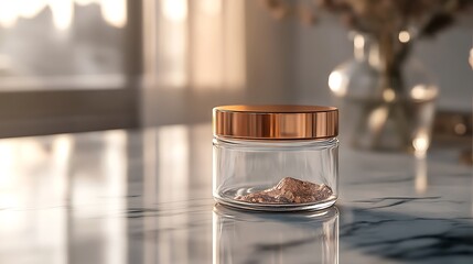 Glass Jar with Golden Lid on Marble Surface in Soft Light