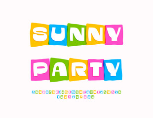 Vector Festivity invitation Sunny Party. Joyful Colorful Font. Unique Bright Alphabet Letters and Numbers set.