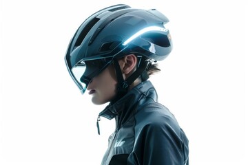 Elite Cyclist with Futuristic Bicycle Helmet Isolated On White Background.