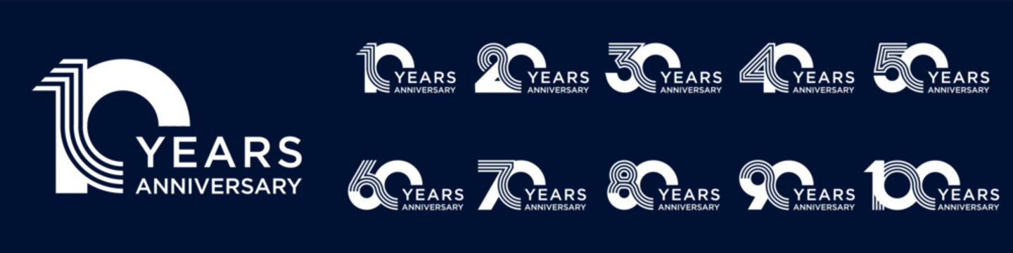 collection anniversary 10 to 100 year logo designs. abstract number for celebration event, wedding, greeting card, and invitation, vector illustration