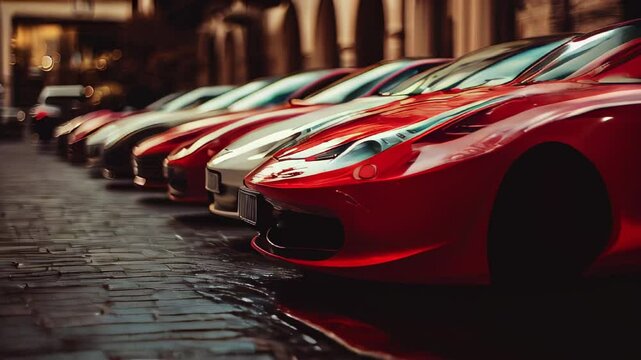 Luxury sports cars parked in a row along a cobblestone street during sunset in a vibrant urban setting
