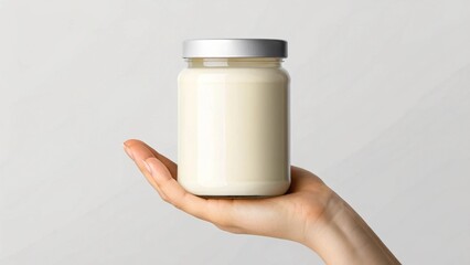 A hand holds a glass jar of creamy white product against a neutral background ideal for food branding and packaging design
