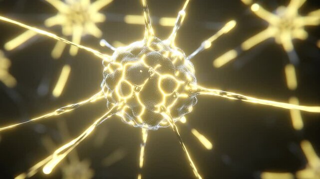 Golden neurons connected by delicate fibers showcase intricate network in dark backdrop