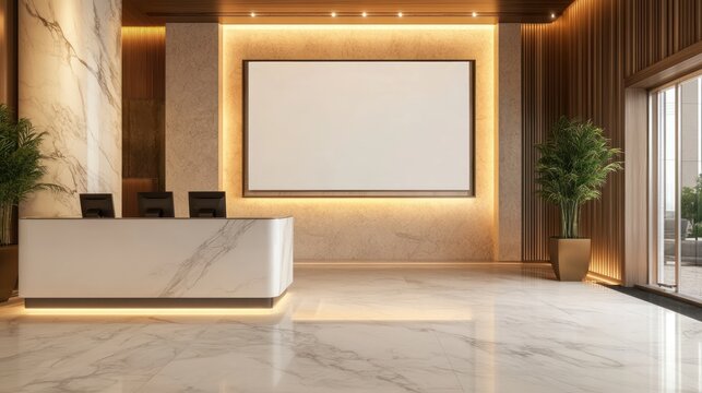 Modern marble lobby reception; blank sign