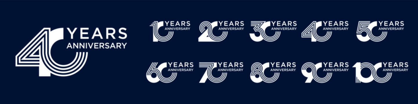 collection anniversary 10 to 100 year logo designs. abstract number for celebration event, wedding, greeting card, and invitation, vector illustration