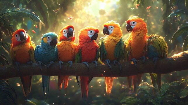 A vibrant group of colorful parrots perched on a branch in a lush forest.