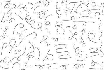 Black hand drawn arrows on white background. Curve arrow icon. Arrow, cursor icon. Collection of pointers. Back, Forward, Next, Previous sign