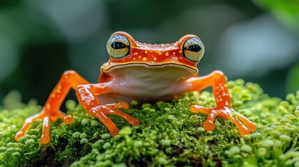 Naklejka premium Orange frog rainforest closeup, moss background