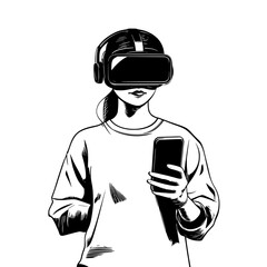 Black and White Silhouette or Line Art Illustration of Man or Woman Handing Mobile Phone - Communication Concept