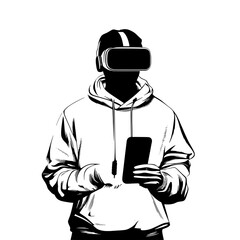 Black and White Silhouette or Line Art Illustration of Man or Woman Handing Mobile Phone - Communication Concept