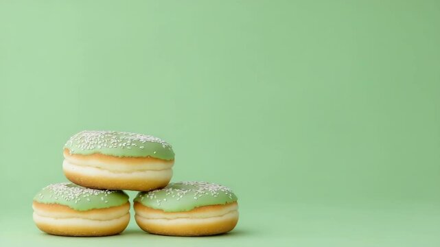 Three green frosted donuts stacked on top of each other. The donuts are decorated with powdered sugar and are placed on a green background