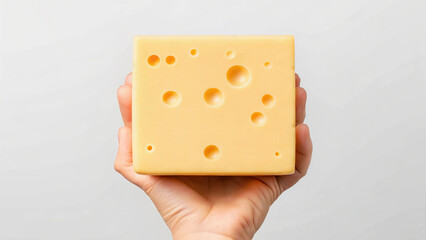 Hand holding a block of Swiss cheese with holes against a light background