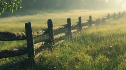 Obraz premium A rustic wooden fence borders a grassy field in soft morning mist
