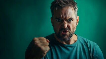 Obraz premium Angry Man Posing with Fisted Hand on Green Backdrop