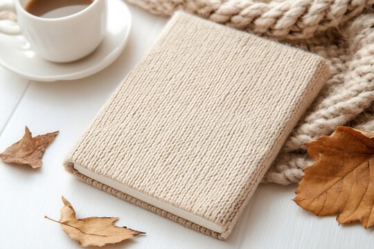 Beige Knitted Notebook Mockup with Coffee and Autumn Leaves