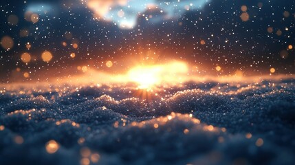 Naklejka premium Winter sunrise, snow-covered landscape, golden light, beautiful scene