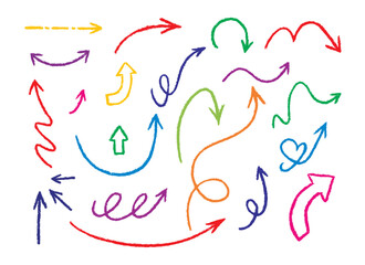 Hand drawn chalk arrow set. Crayon or pencil sketch elements collection. Textured doodle grunge illustration