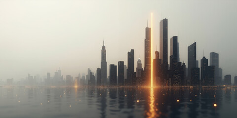 Obraz premium Minimalist Cityscape A light gray background with abstract, geometric skyscraper shapes in black and gold. The lighting is soft