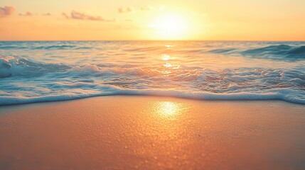 Fototapeta premium Serene ocean waves gently lapping golden sand beach sunset summer tropical paradise sea sky foam calm