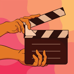 hand holding clapperboard  Illustration Vector. Light Camera Action Movie Slate Concept Art