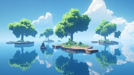 Serene landscape with green trees on floating islands and a calm reflective sea.
