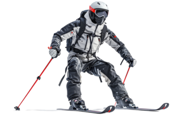 Original Skiing Performance with Futuristic Equipment Isolated On White Background.