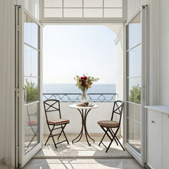 Fototapeta premium Bright balcony with small table, two chairs, and vase of flowers overlooking sea, creating serene and inviting atmosphere