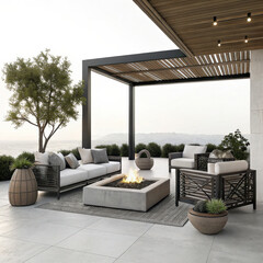 Modern patio with fire pit and comfortable seating, featuring sleek pergola and lush greenery. serene outdoor space is perfect for relaxation and gatherings