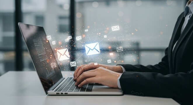 Businesswoman types on laptop amidst email icons and data charts - Powered by Adobe