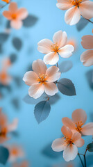 Delicate peach blossom flowers with golden stamen on a soft blue background with elegant pale leaves