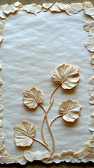 Delicate foliage design borders a neutral background with four prominent central leaves