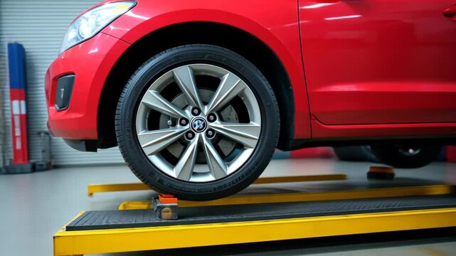 Close up of modern red vehicle on service lift, showcasing its alloy wheel and tire, set in professional automotive environment with tools and equipment in background.