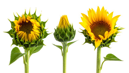 Fototapeta premium Three sunflowers at different blooming stages showing growth process with transparent background