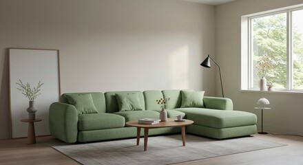 Fototapeta premium A minimalist living room design is presented with a light green curved sofa as the centerpiece, complemented by a round coffee table and bathed in natural light