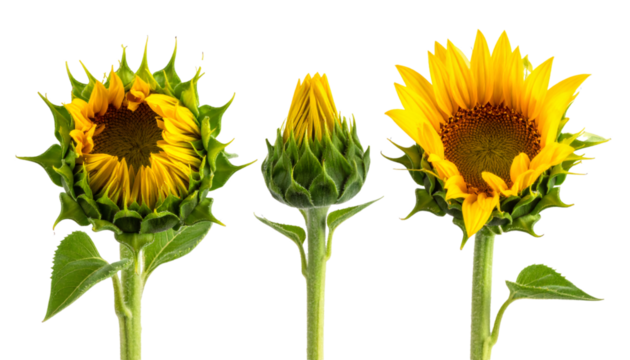 Three sunflowers at different blooming stages showing growth process with transparent background