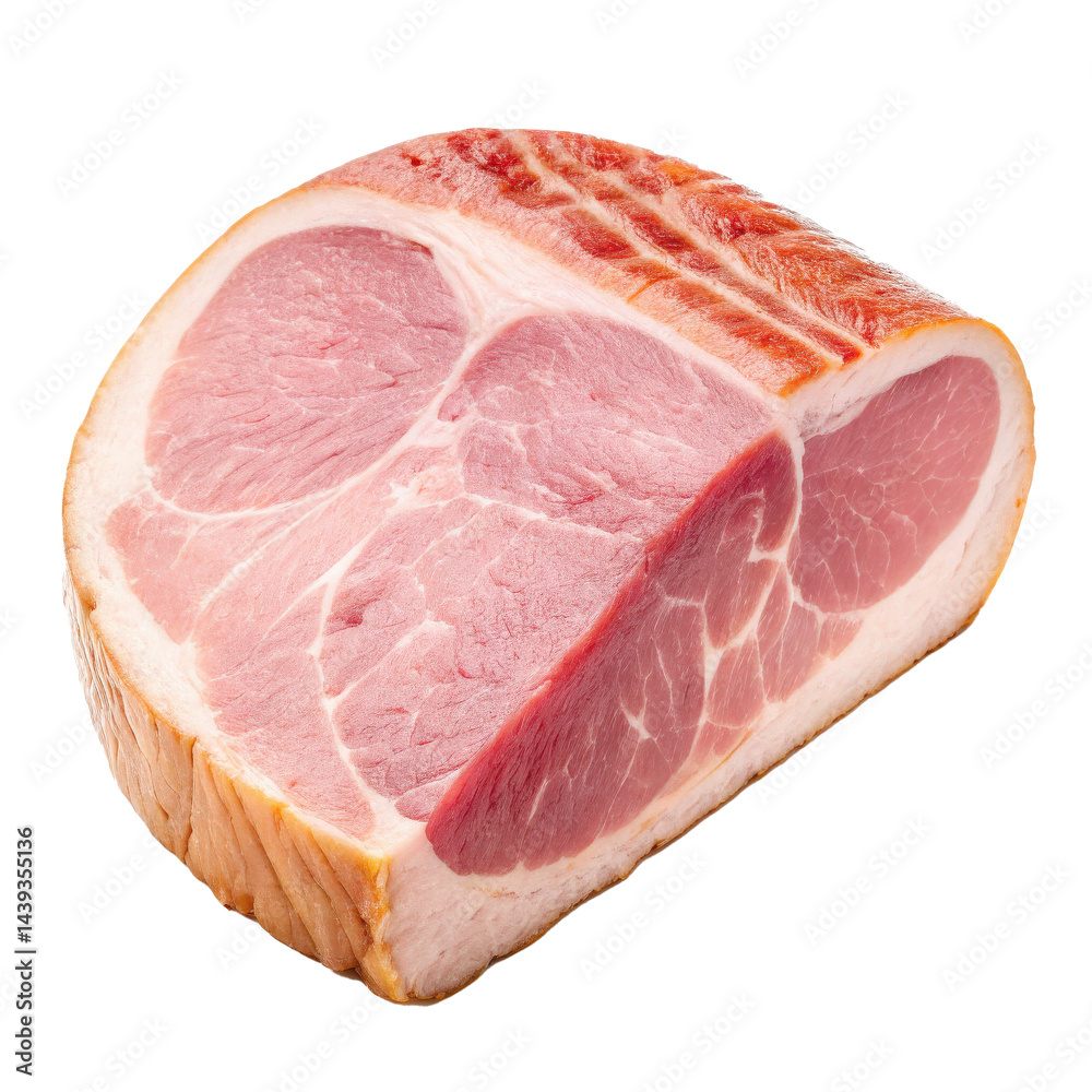 Poster slice of uncooked ham with raw texture is isolated on transparency background, showcasing its marble