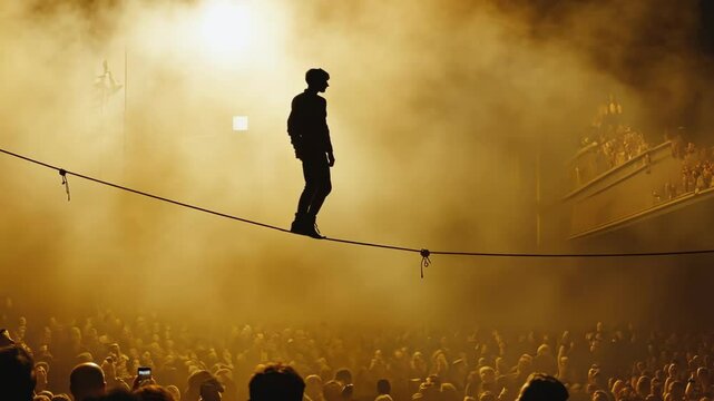 Daring tightrope walker balances skillfully above enthralled crowd in dramatic lighting